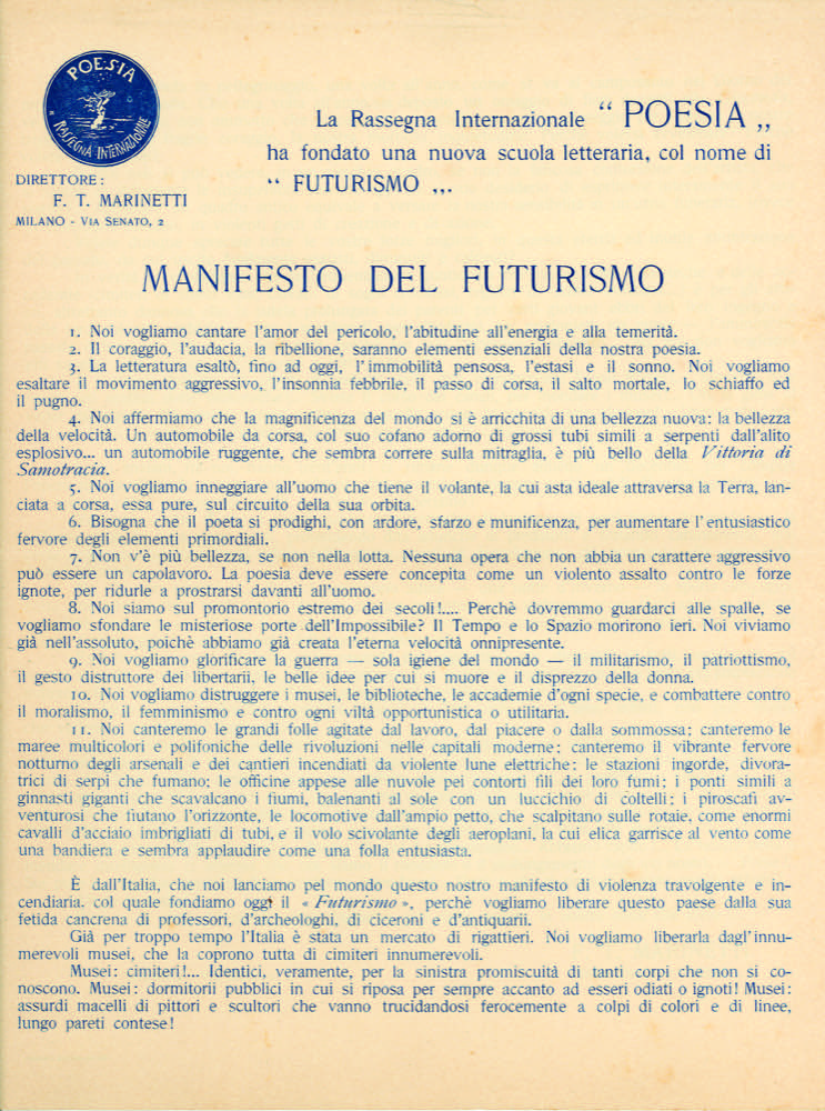 STORIA DEL FUTURISMO – 1909. Le prime edizioni del Manifesto del Futurismo